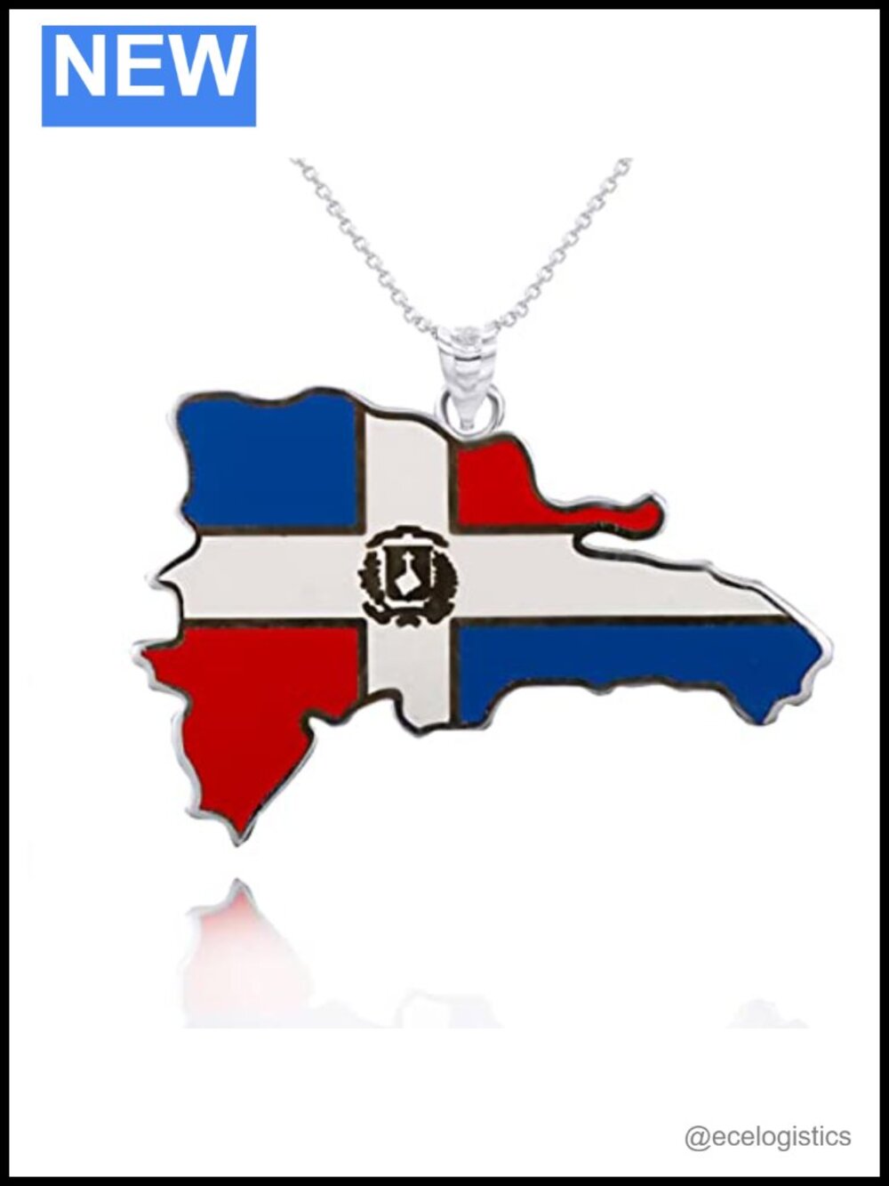 Sterling Silver Map of Dominican Republic Flag Enamel Pendant Necklace